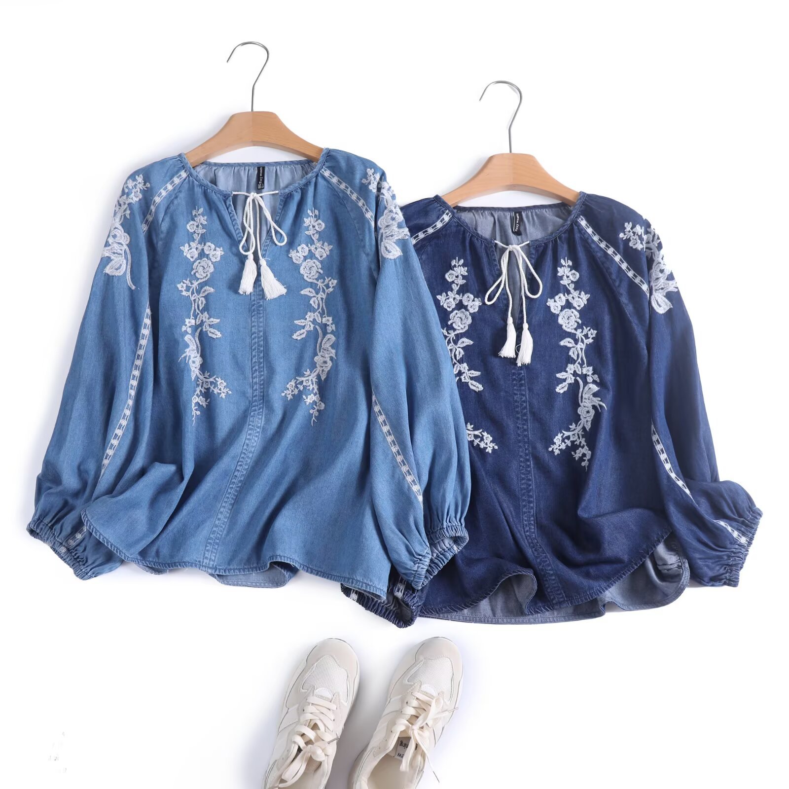 Embroidery On Shirt - Femmes Denim Blouse haut fleur broderie