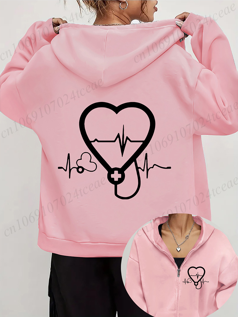 Embroidery Zip Up Hoodie - Femmes automne hiver sweats à capuche
