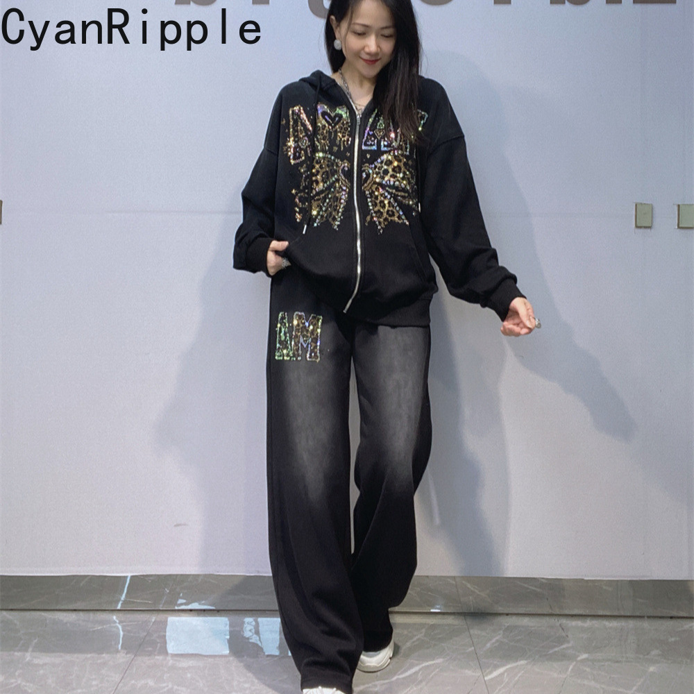 Embroidery Zip Up Hoodie - Ensemble tendance automne-hiver pour femme :