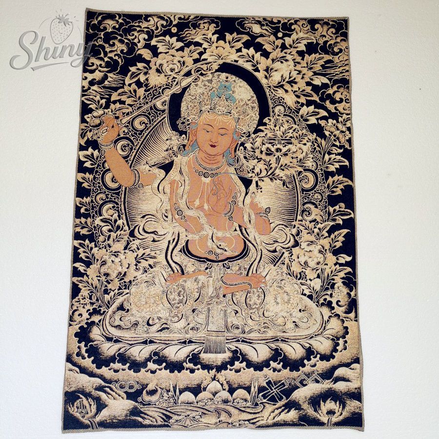 Embroidery Artwork - Or noir Manjusri Bodhisattva brocart tibétain