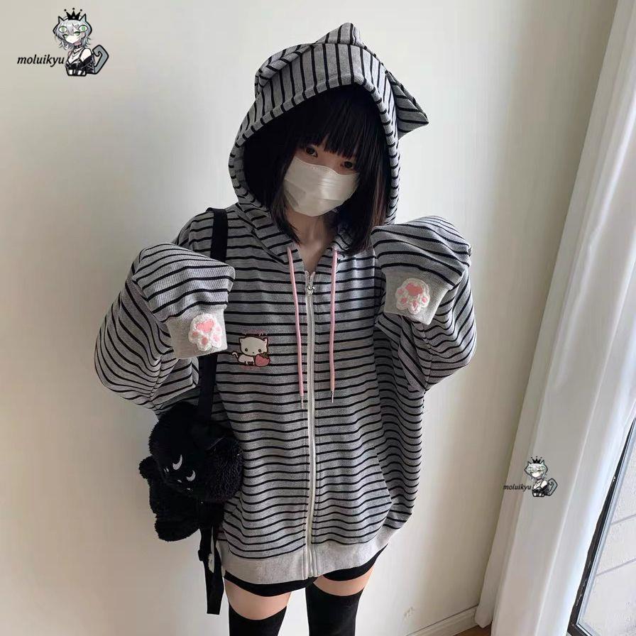 Veste zippée rayée Y2K pour fe - Embroidery Zip Up Hoodie avis et prix