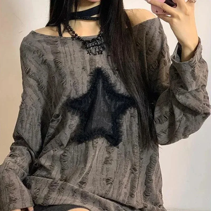 Y2K trou étoile imprimé T-Shir - Embroidery On Shirt avis et prix